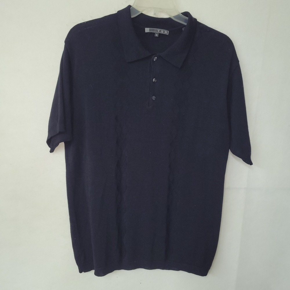 TSR Sweater Men XL Black Argyle Knit Polo Style Short Sleeve Casual Golf Teacher